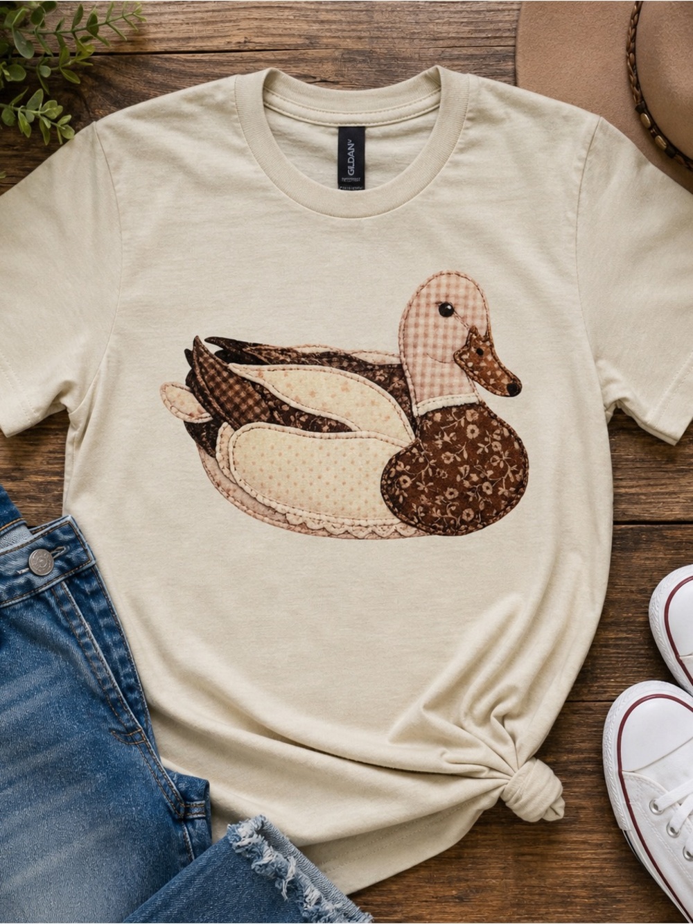Faux Patchwork Appliqué Style Duck Tee | Cottagecore Farmhouse Graphic Shirt